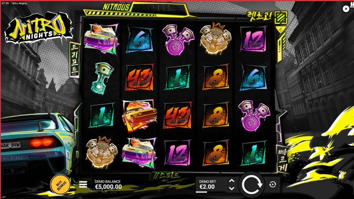 Tampilan layar permainan slot Nitro Nights dengan tema balap neon